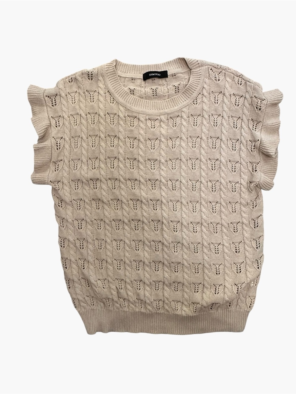 Beige Cable Knit Ruffle Sleeve Sweater Vest Top Size M - Picture 2 of 6
